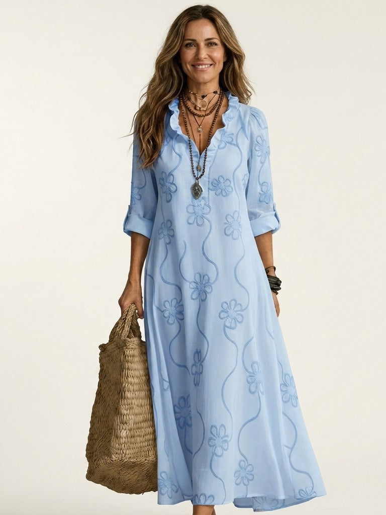 MARIAM Cotton-Linen Embroidered Maxi Dress - Light Blue