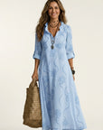 MARIAM Cotton-Linen Embroidered Maxi Dress - Light Blue
