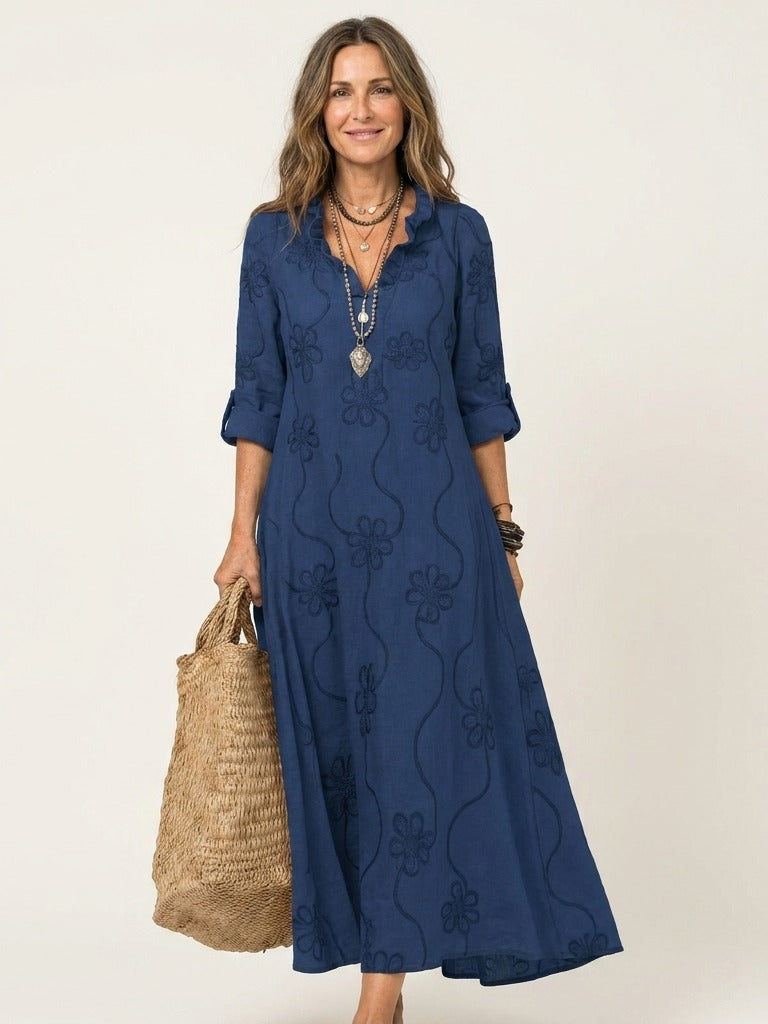 MARIAM Cotton-Linen Embroidered Maxi Dress - Navy Blue