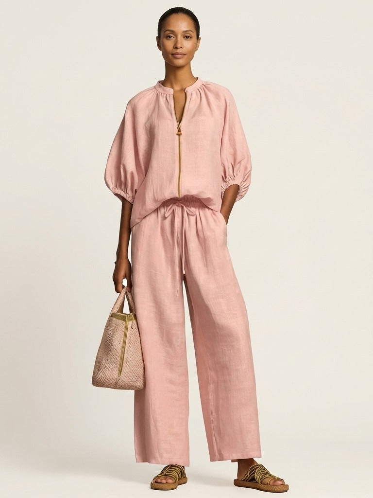 MARLOWE Zipper-Front Puff Sleeve Set - Pink