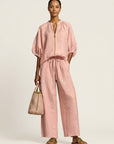 MARLOWE Zipper-Front Puff Sleeve Set - Pink