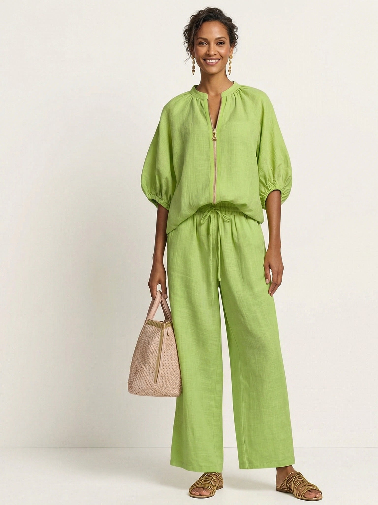 MARLOWE Zipper-Front Puff Sleeve Set - Green