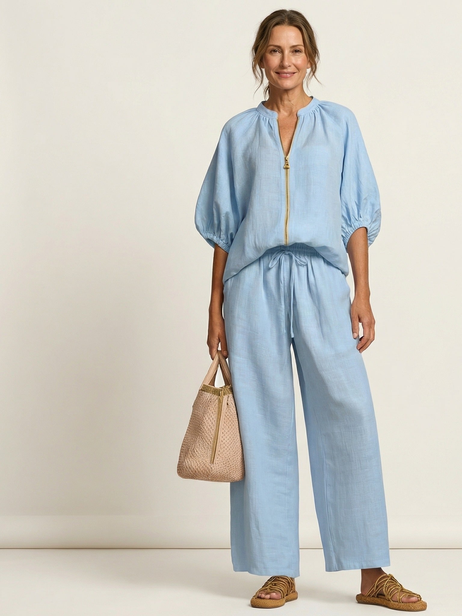 MARLOWE Zipper-Front Puff Sleeve Set - Light Blue