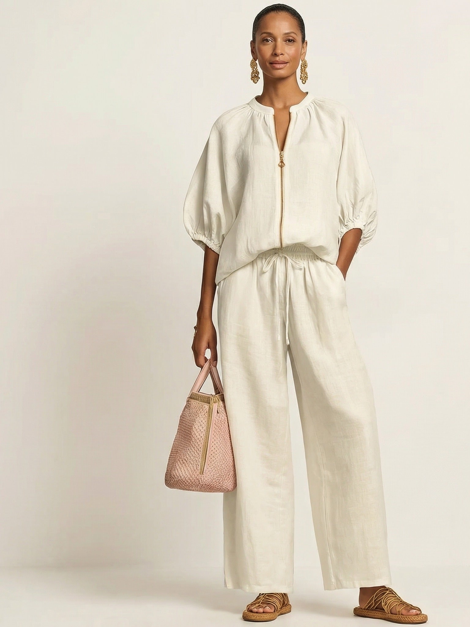 MARLOWE Zipper-Front Puff Sleeve Set - White