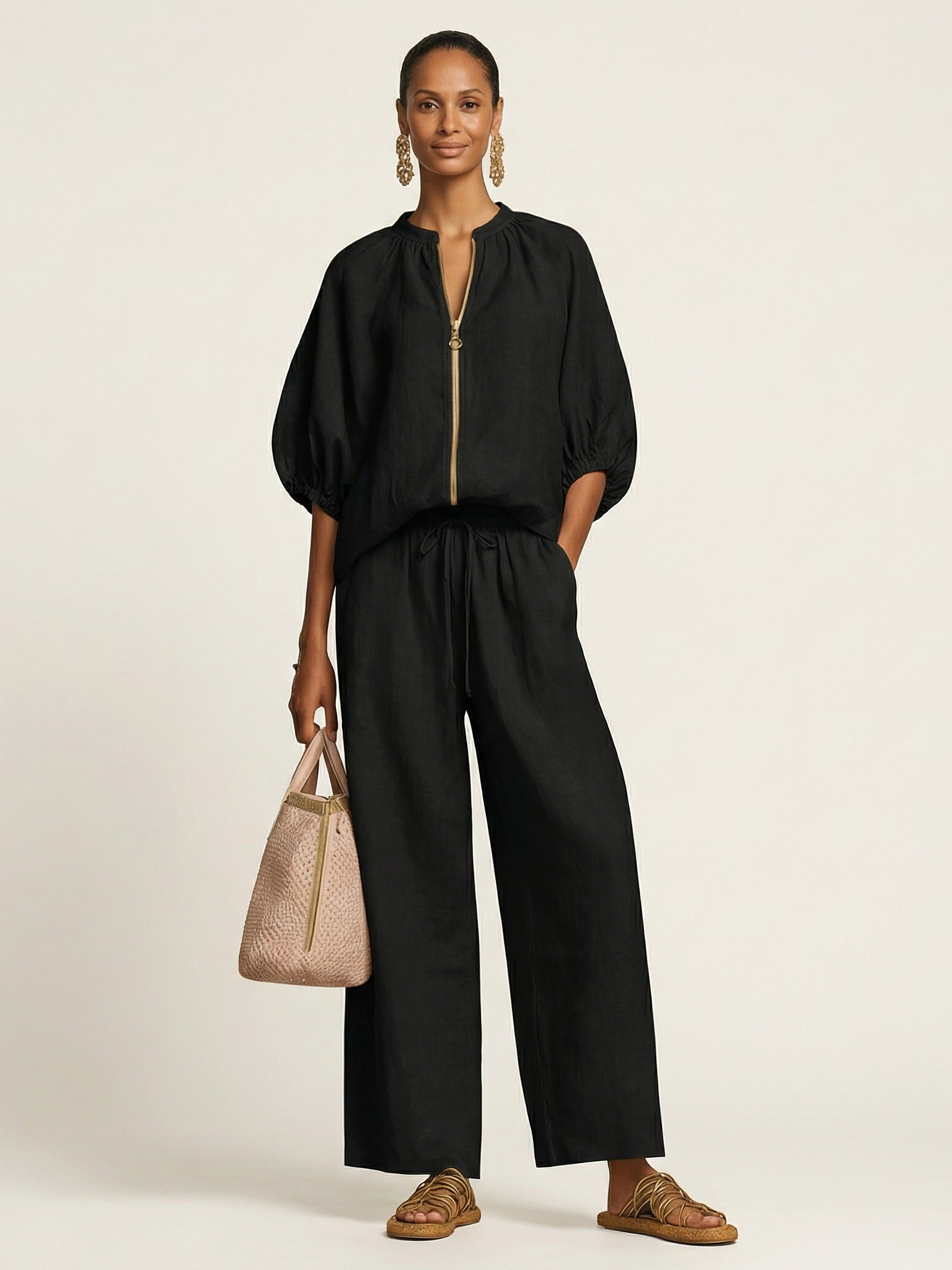 MARLOWE Zipper-Front Puff Sleeve Set - Black