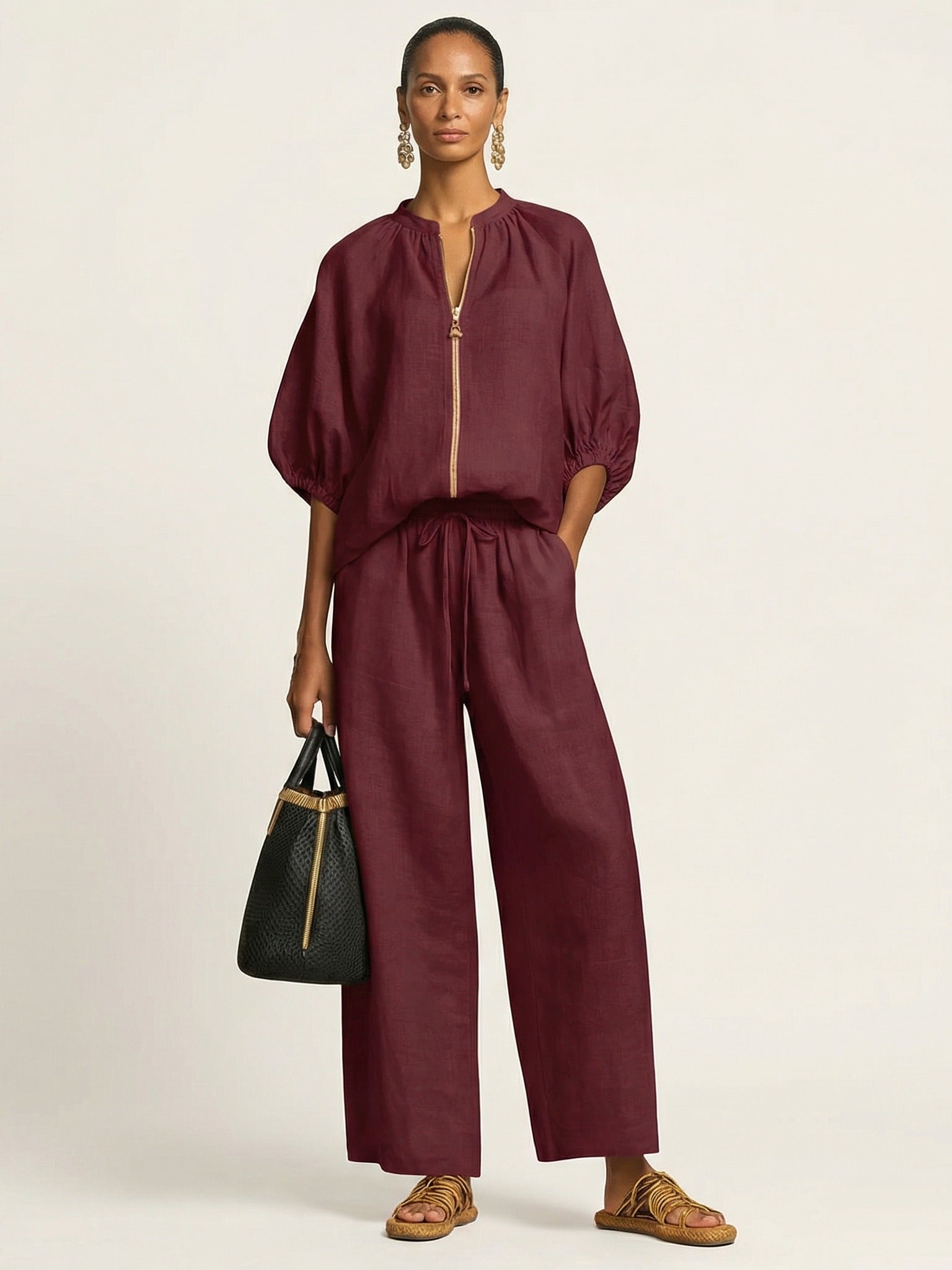 MARLOWE Zipper-Front Puff Sleeve Set - Red