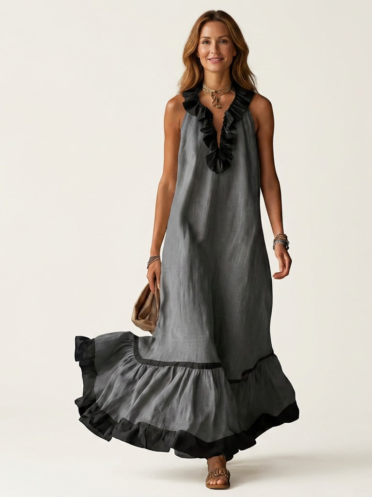 MAYLINE Ruffle-Neck Contrast-Trim Maxi Dress - Dark Gray