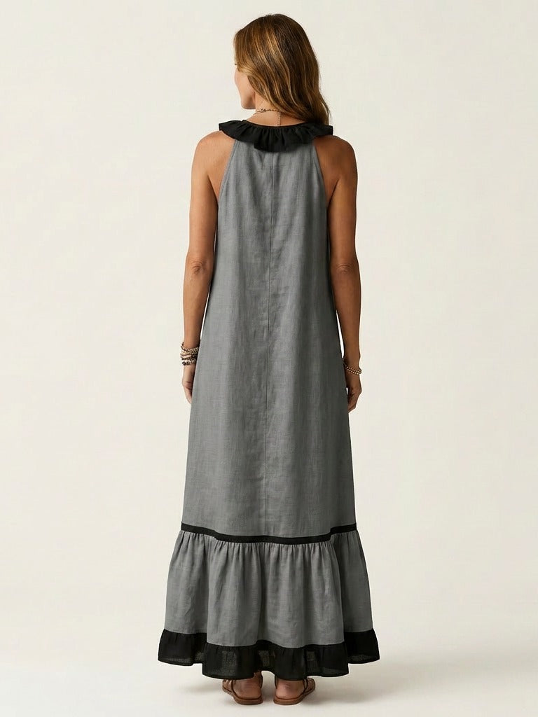 MAYLINE Ruffle-Neck Contrast-Trim Maxi Dress