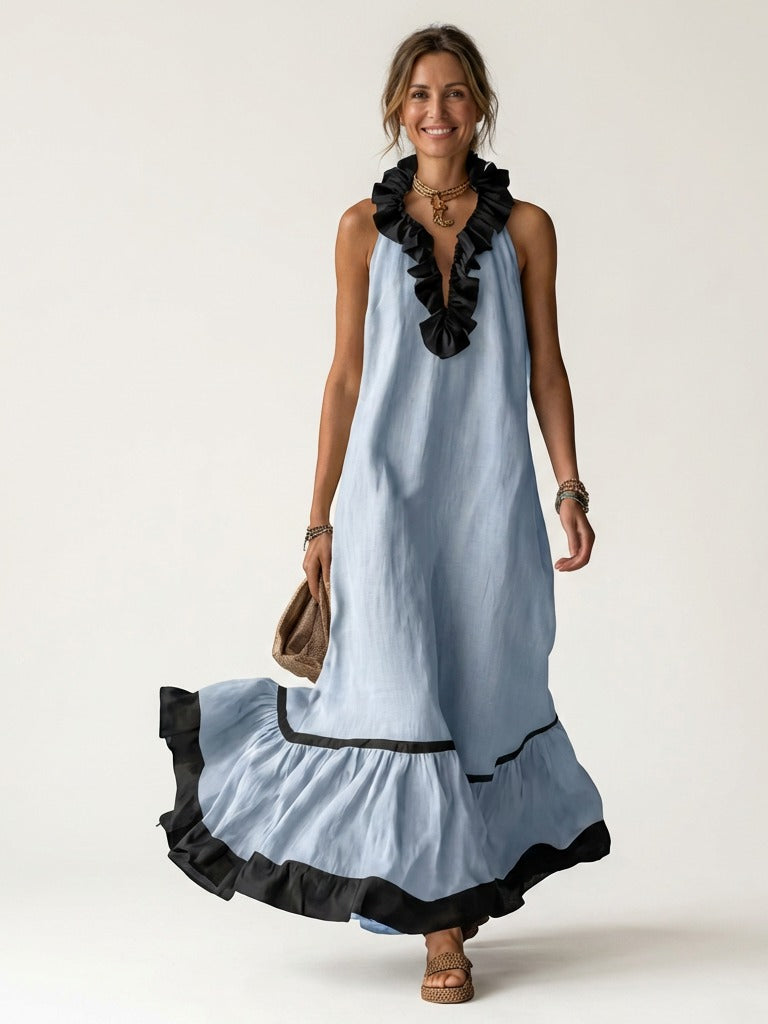 MAYLINE Ruffle-Neck Contrast-Trim Maxi Dress - Sky Blue