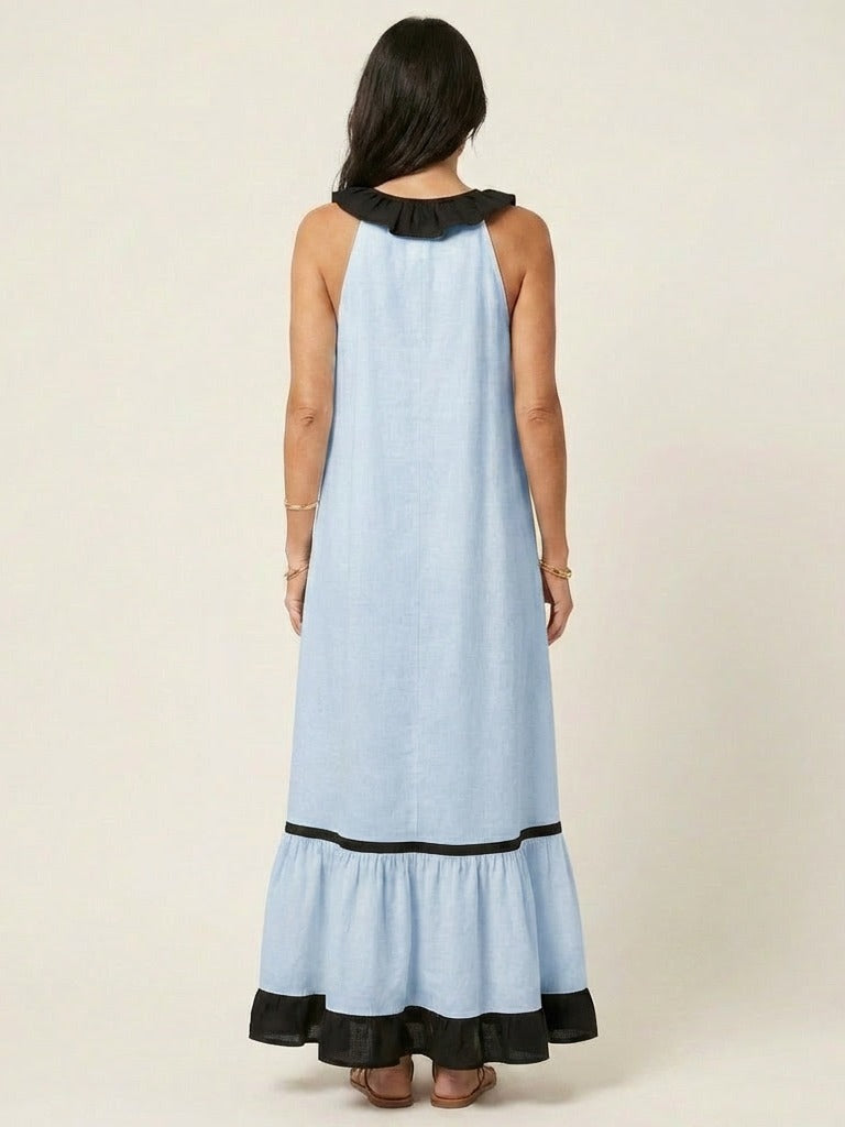 MAYLINE Ruffle-Neck Contrast-Trim Maxi Dress