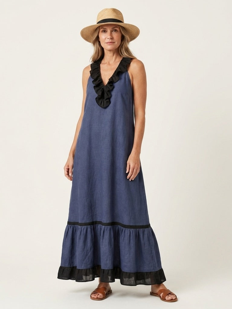 MAYLINE Ruffle-Neck Contrast-Trim Maxi Dress - Blue