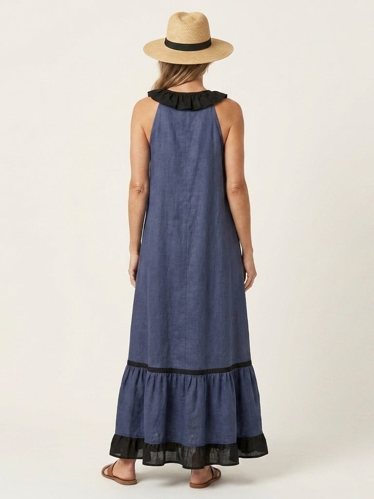 MAYLINE Ruffle-Neck Contrast-Trim Maxi Dress