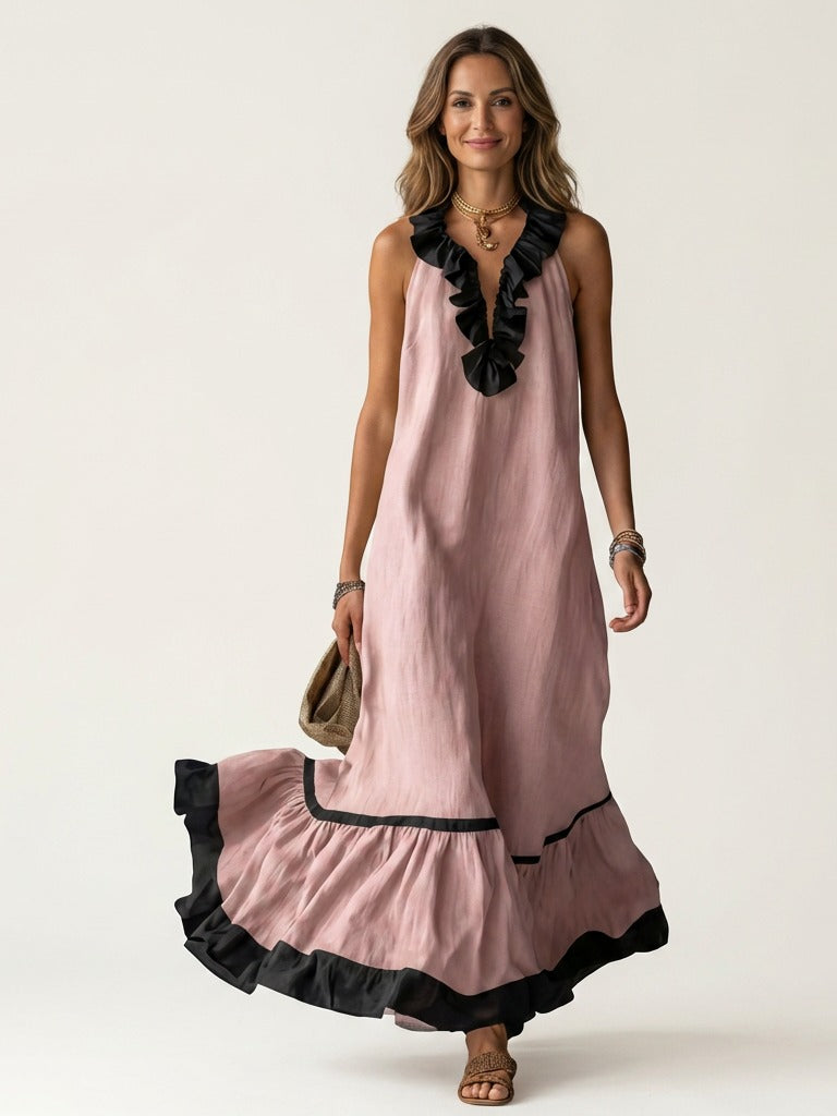 MAYLINE Ruffle-Neck Contrast-Trim Maxi Dress - Pink