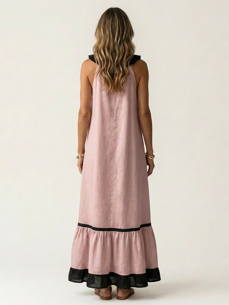 MAYLINE Ruffle-Neck Contrast-Trim Maxi Dress