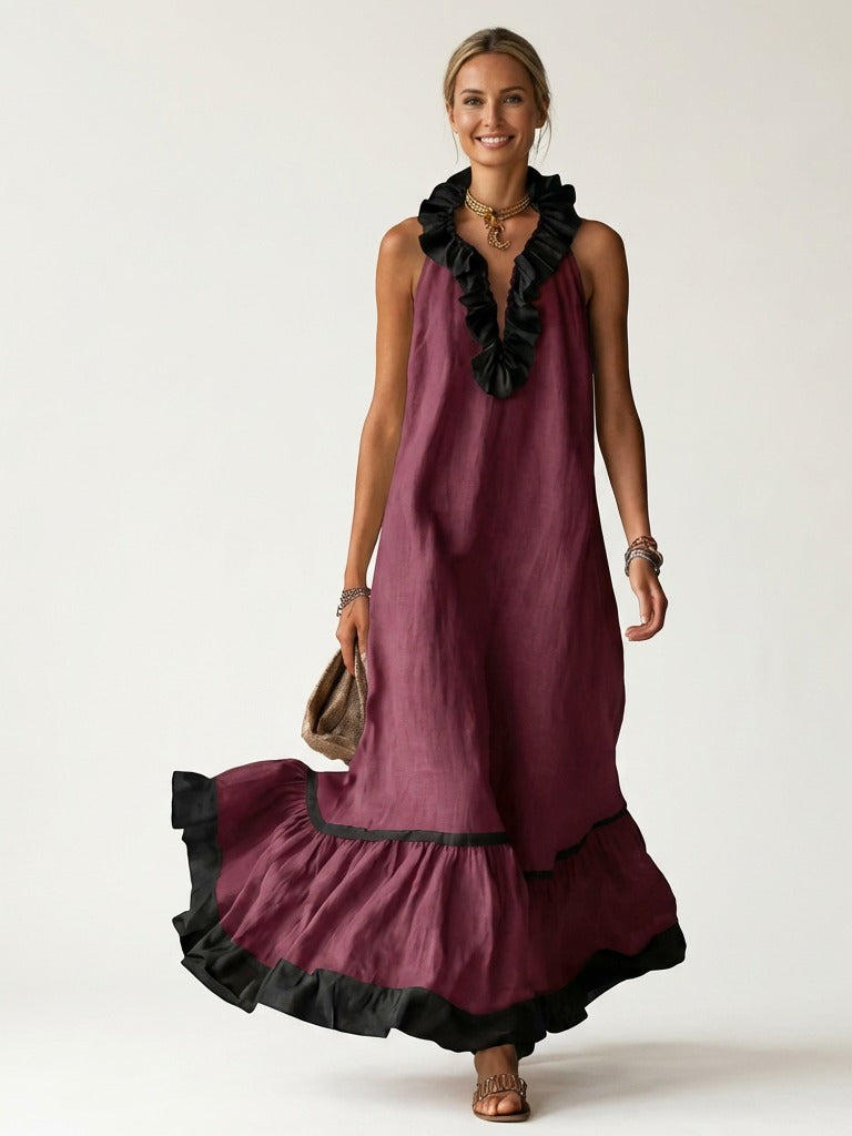 MAYLINE Ruffle-Neck Contrast-Trim Maxi Dress - Burgundy