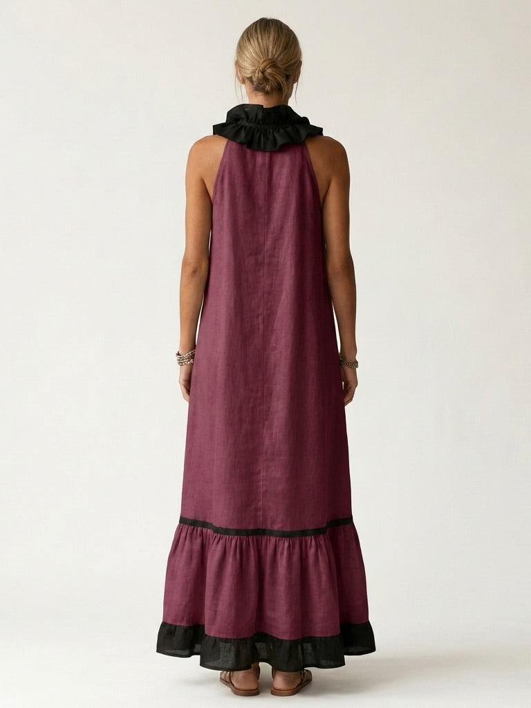 MAYLINE Ruffle-Neck Contrast-Trim Maxi Dress