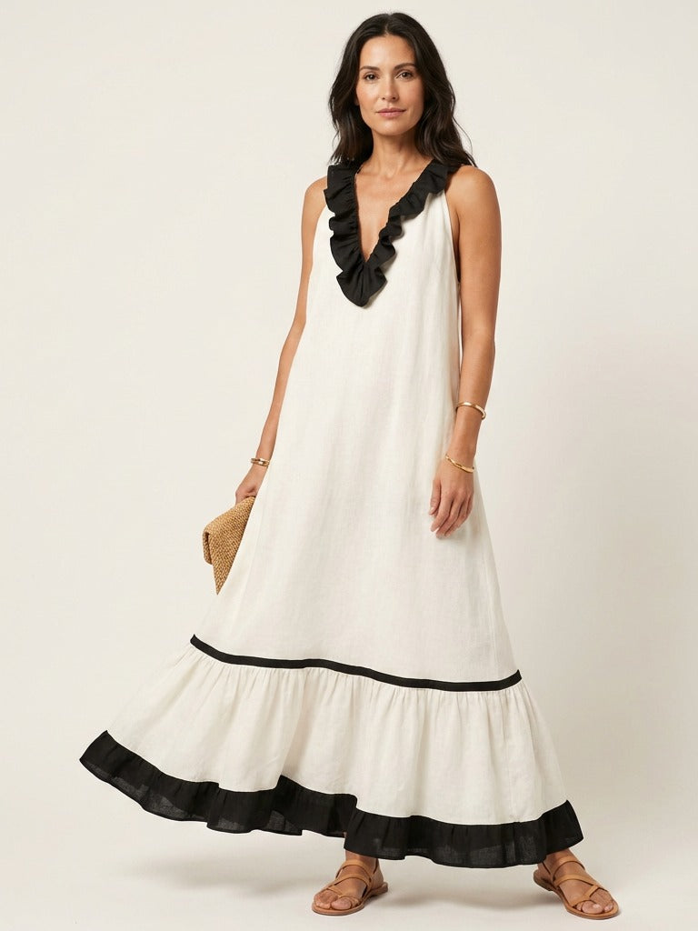 MAYLINE Ruffle-Neck Contrast-Trim Maxi Dress - White