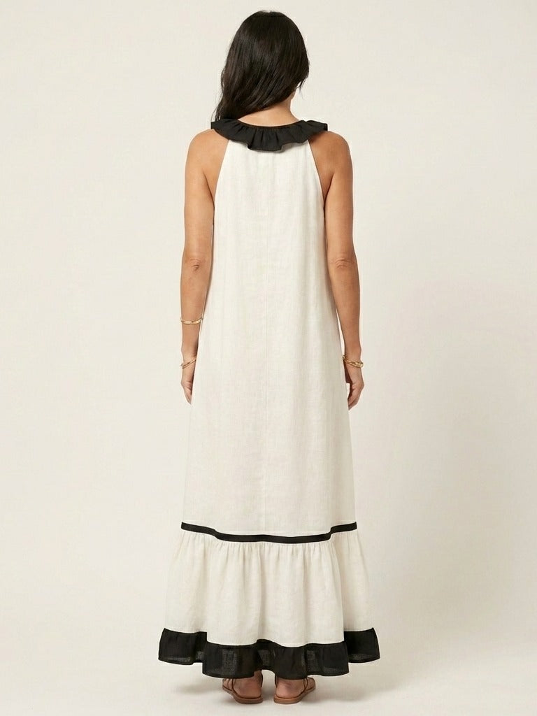 MAYLINE Ruffle-Neck Contrast-Trim Maxi Dress