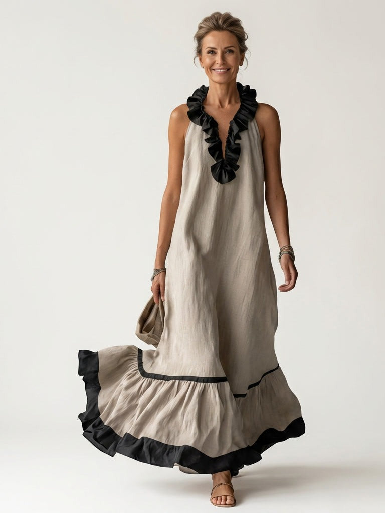 MAYLINE Ruffle-Neck Contrast-Trim Maxi Dress - Beige