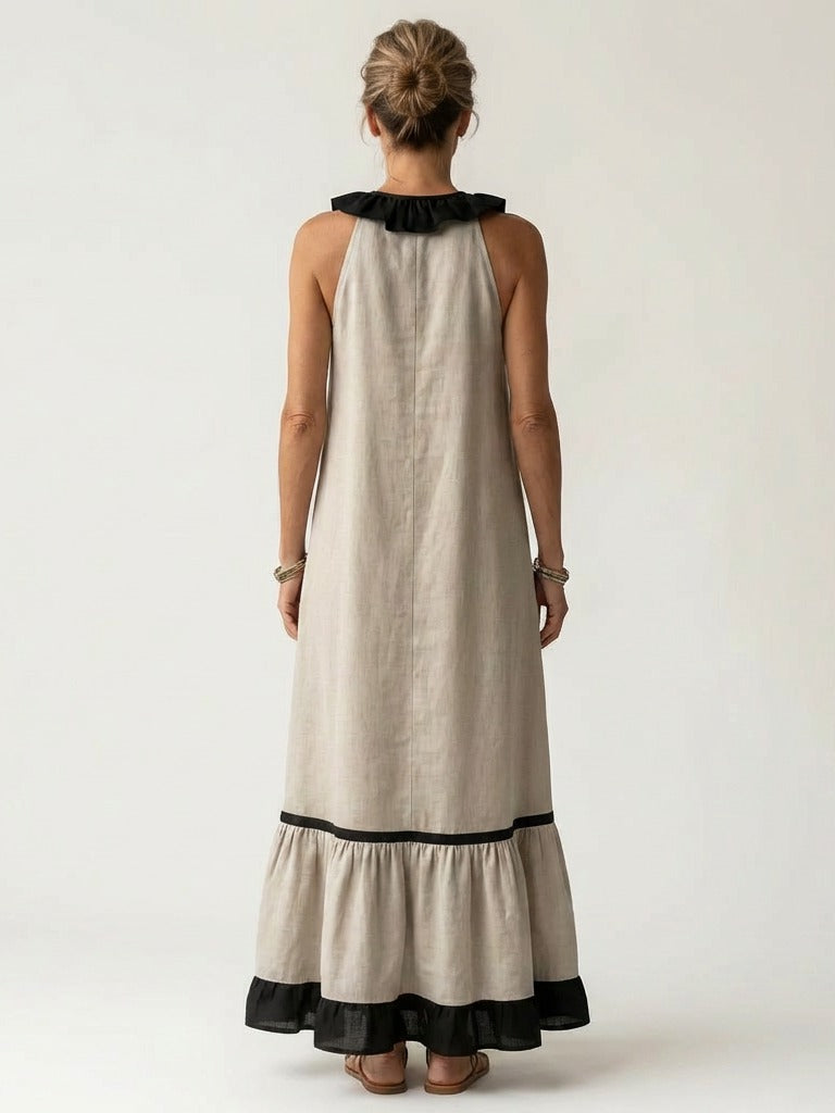 MAYLINE Ruffle-Neck Contrast-Trim Maxi Dress