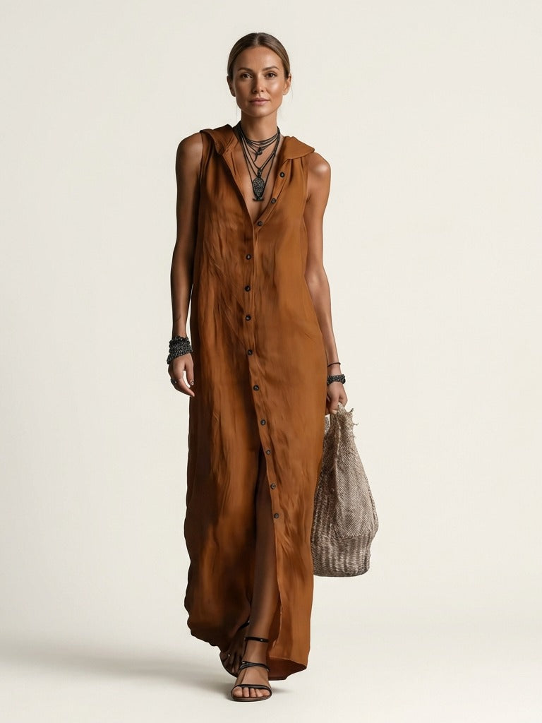 MIRABELL Hooded Sleeveless Maxi Dress - Brown