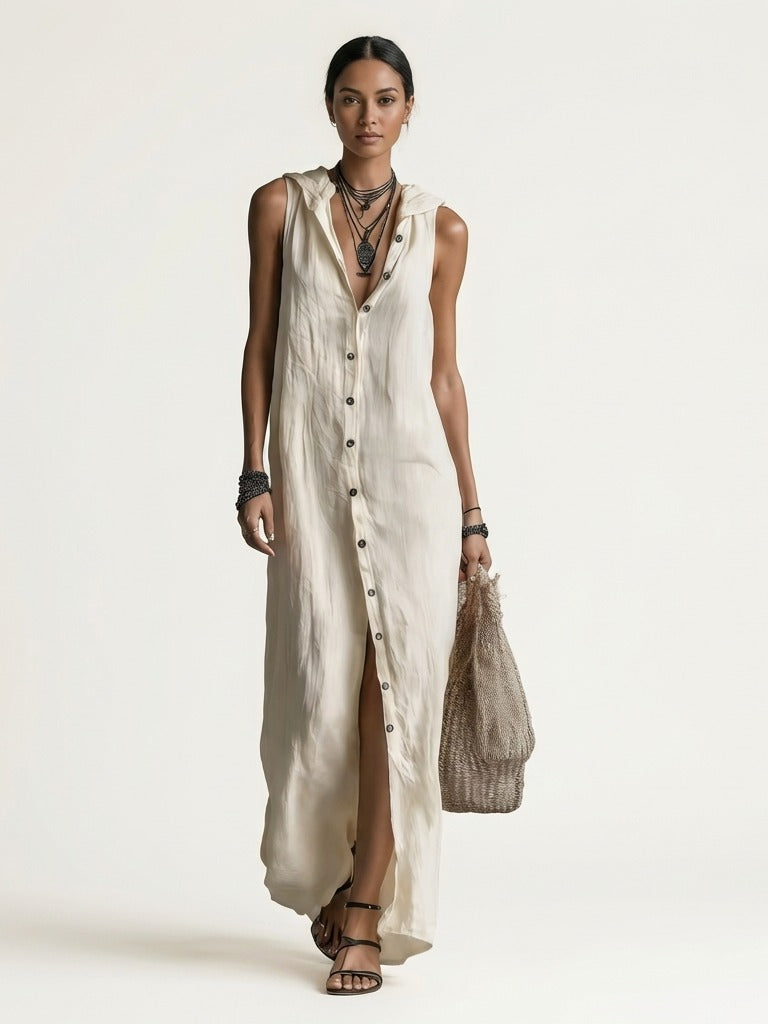 MIRABELL Hooded Sleeveless Maxi Dress - White