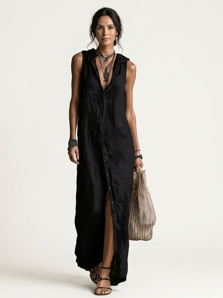 MIRABELL Hooded Sleeveless Maxi Dress - Black