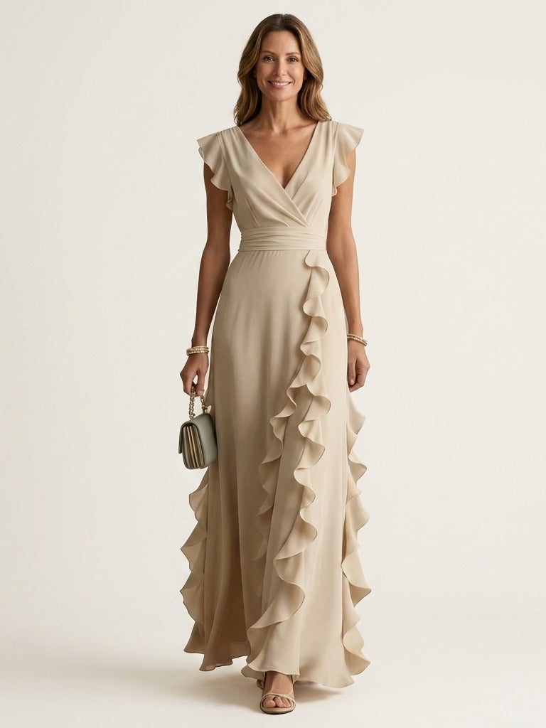 NELLYANA Wrap-Style Ruffle Maxi Dress - Beige