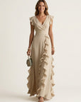 NELLYANA Wrap-Style Ruffle Maxi Dress - Beige