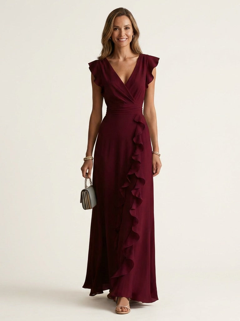 NELLYANA Wrap-Style Ruffle Maxi Dress - Red