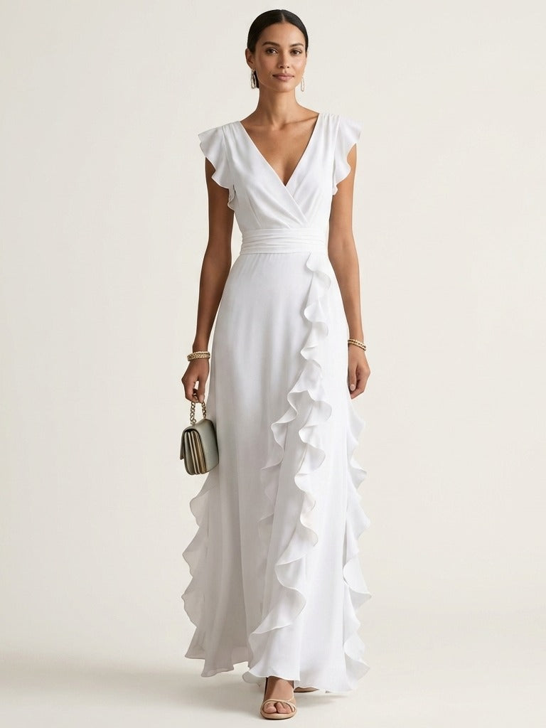 NELLYANA Wrap-Style Ruffle Maxi Dress - White