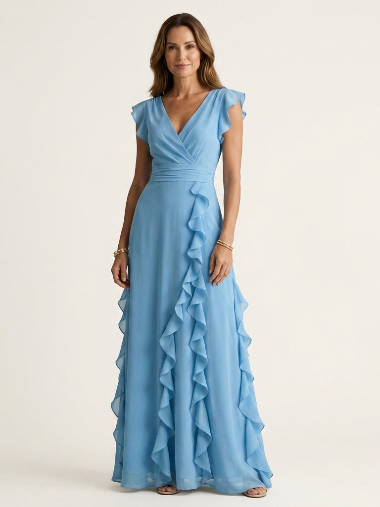 NELLYANA Wrap-Style Ruffle Maxi Dress - Blue