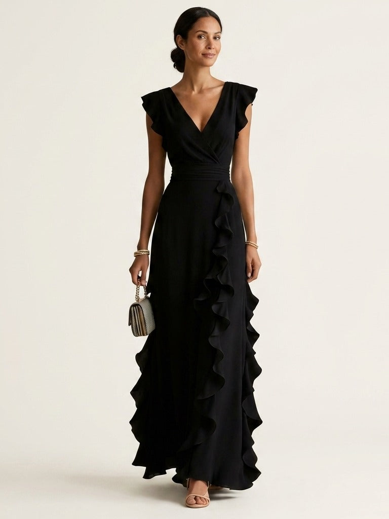 NELLYANA Wrap-Style Ruffle Maxi Dress - Black