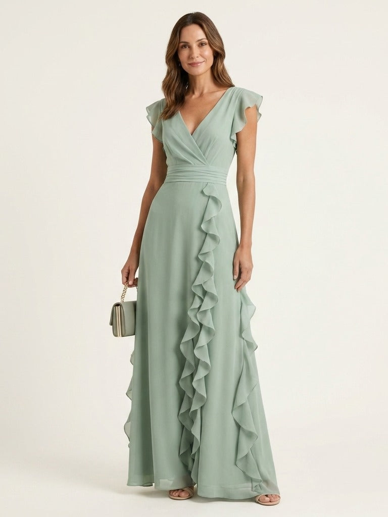 NELLYANA Wrap-Style Ruffle Maxi Dress - Green