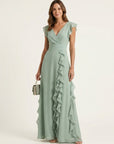 NELLYANA Wrap-Style Ruffle Maxi Dress - Green