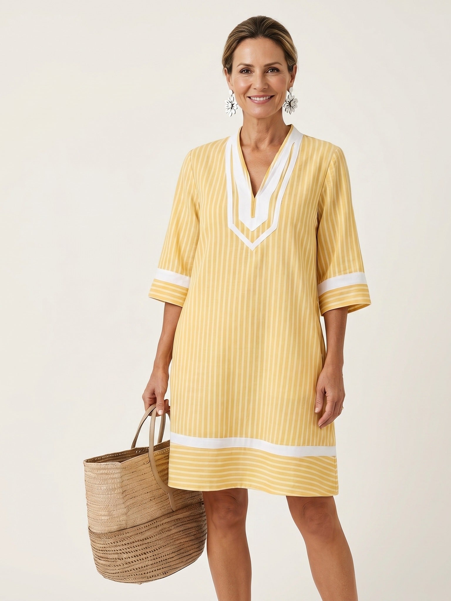 SANINA Contrast-Trim Stripe Shift Dress - Yellow