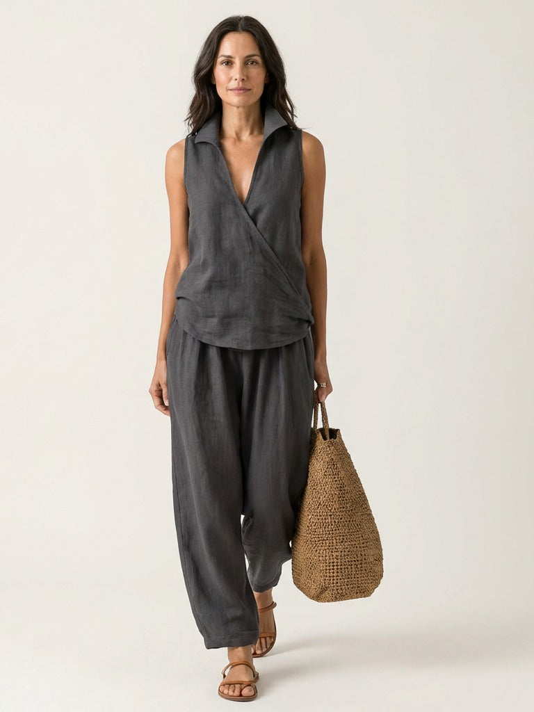 TWIILA Wrap-Top &amp; Wide-Leg Set - Gray