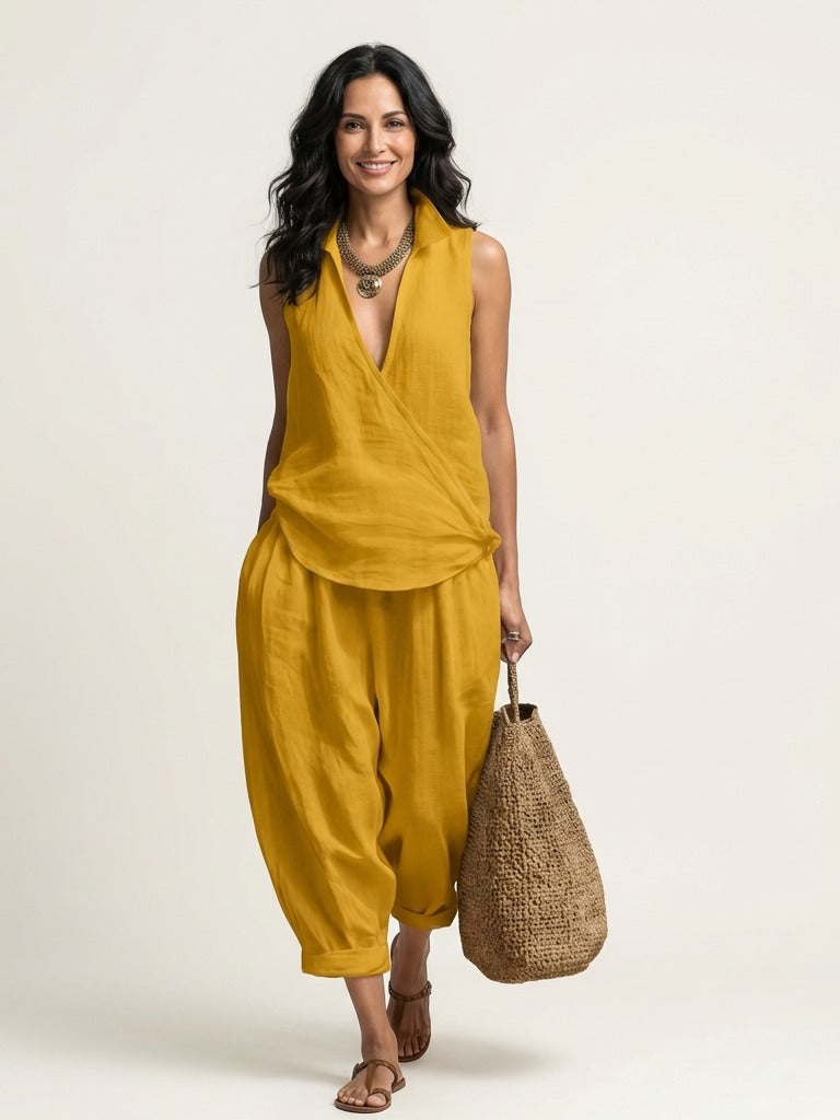 TWIILA Wrap-Top &amp; Wide-Leg Set - Yellow