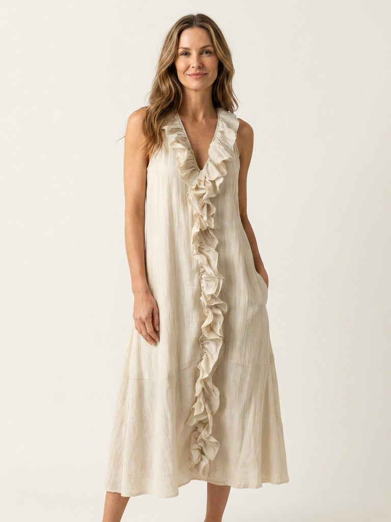 VICKY Ruffle-Front Sleeveless Maxi Dress - Cream