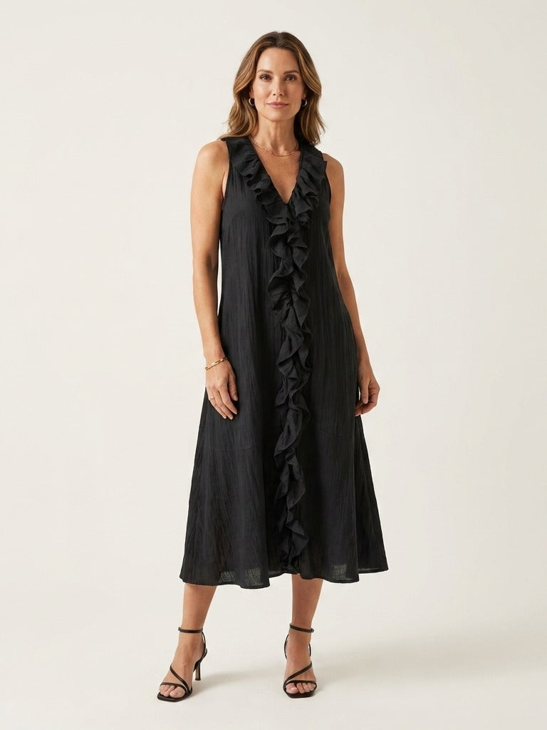 VICKY Ruffle-Front Sleeveless Maxi Dress - Black