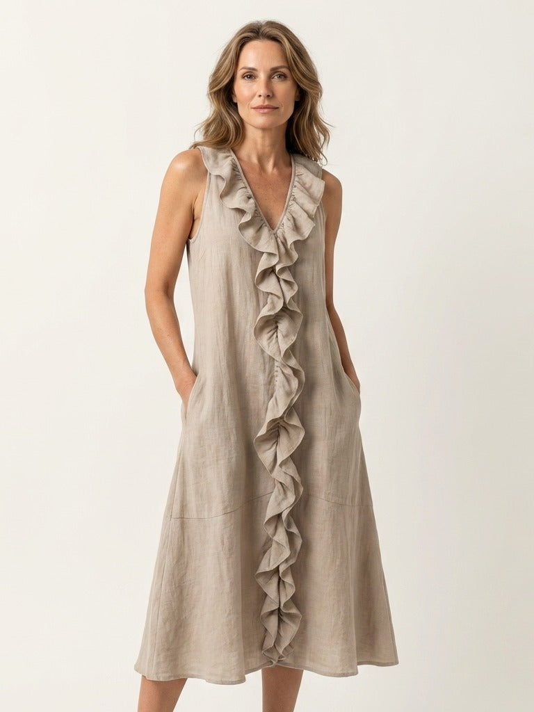 VICKY Ruffle-Front Sleeveless Maxi Dress - Khaki