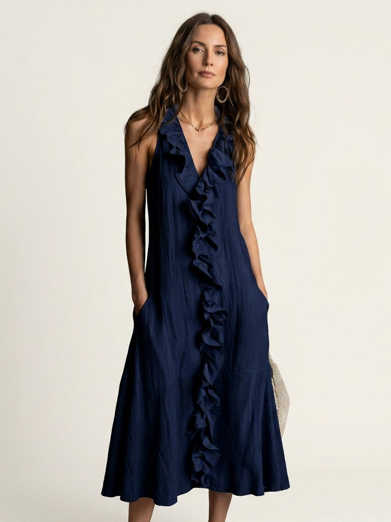 VICKY Ruffle-Front Sleeveless Maxi Dress - Navy Blue