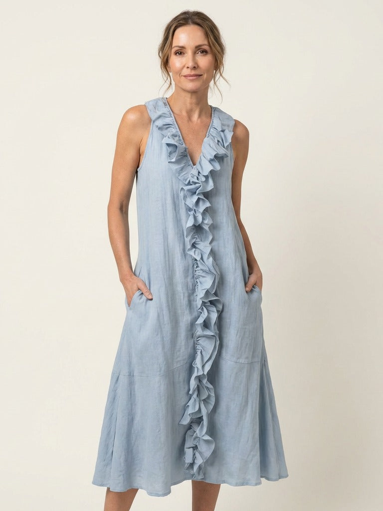 VICKY Ruffle-Front Sleeveless Maxi Dress - Light Blue