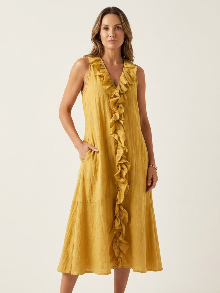 VICKY Ruffle-Front Sleeveless Maxi Dress - Yellow