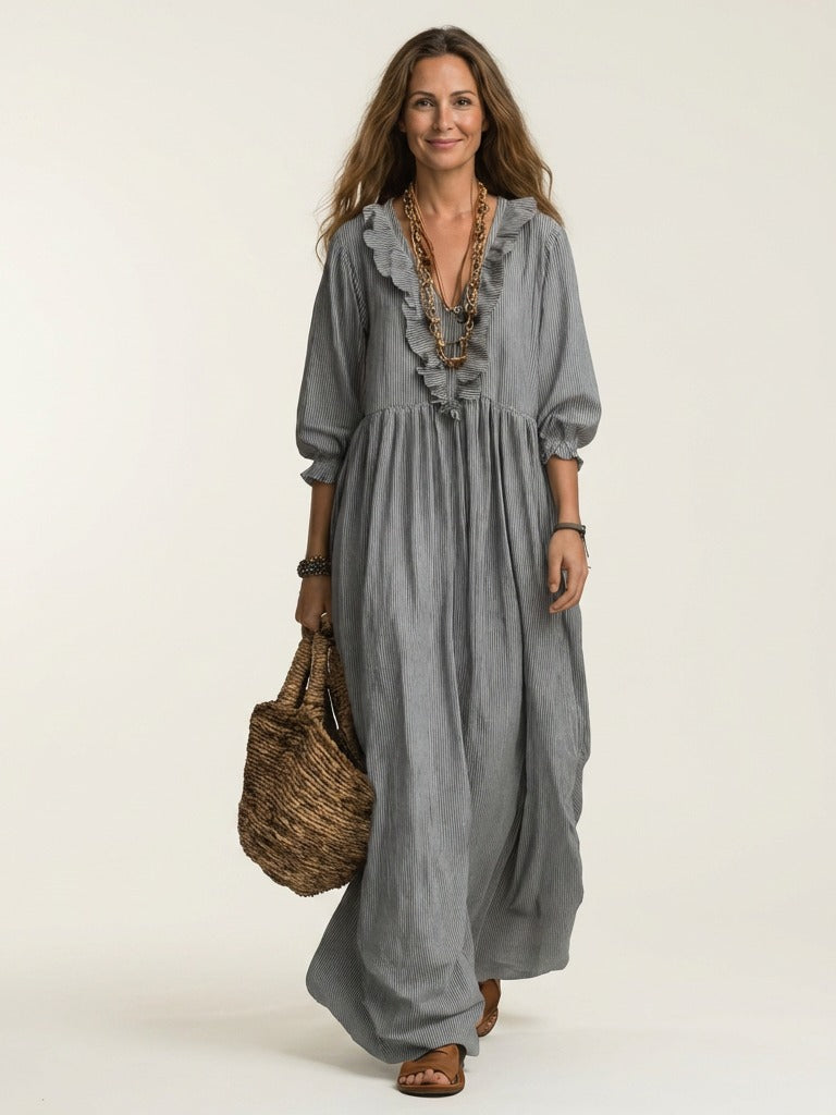 YOSETTA Striped Lantern-Sleeve Maxi Dress - Gray