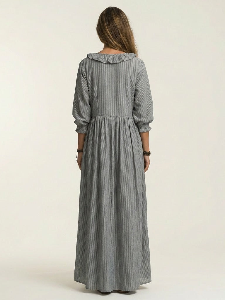 YOSETTA Striped Lantern-Sleeve Maxi Dress