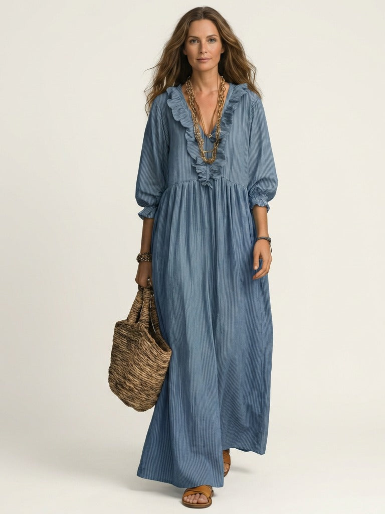 YOSETTA Striped Lantern-Sleeve Maxi Dress - Blue