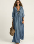 YOSETTA Striped Lantern-Sleeve Maxi Dress - Blue