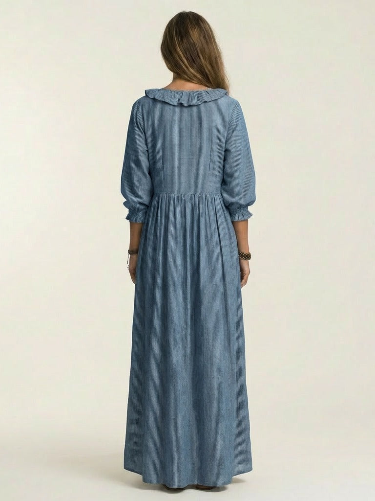 YOSETTA Striped Lantern-Sleeve Maxi Dress
