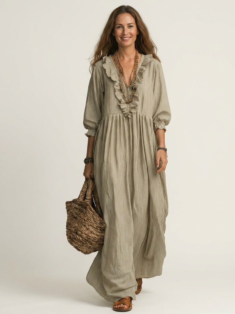 YOSETTA Striped Lantern-Sleeve Maxi Dress - Khaki